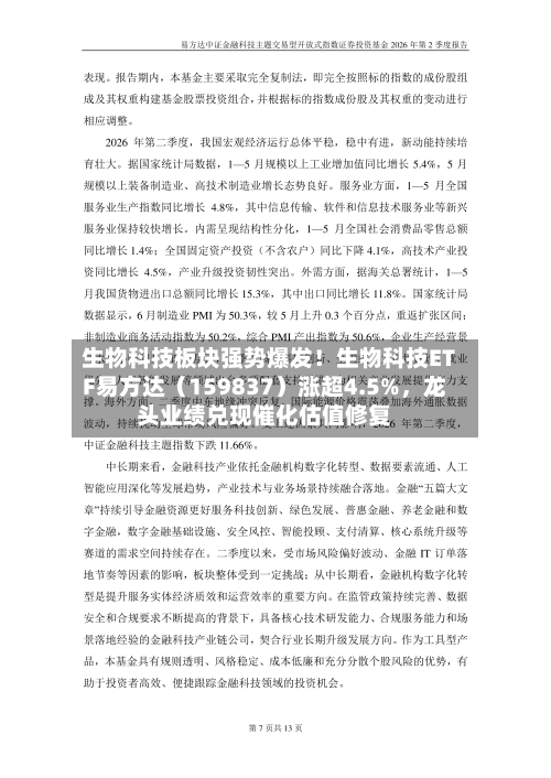 生物科技板块强势爆发！生物科技ETF易方达（159837）涨超4.5%，龙头业绩兑现催化估值修复
