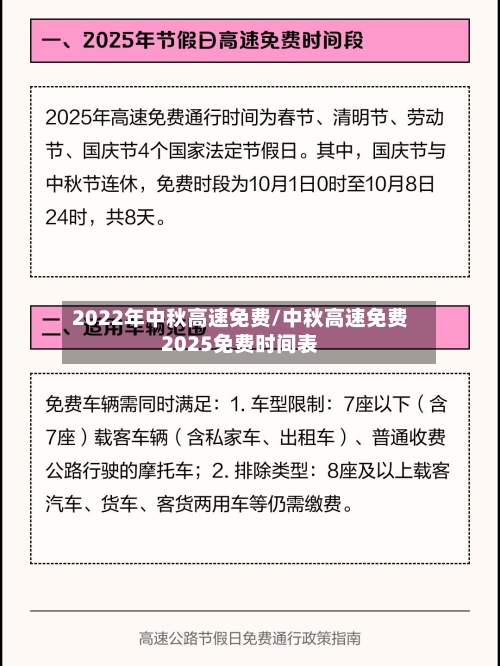 2022年中秋高速免费/中秋高速免费2025免费时间表