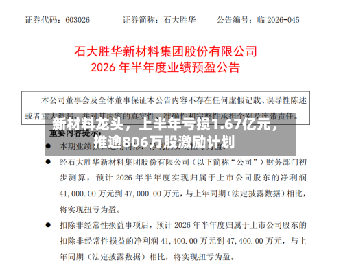 新材料龙头，上半年亏损1.67亿元	，推逾806万股激励计划-第2张图片