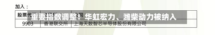 重要指数调整！华虹宏力、潍柴动力被纳入