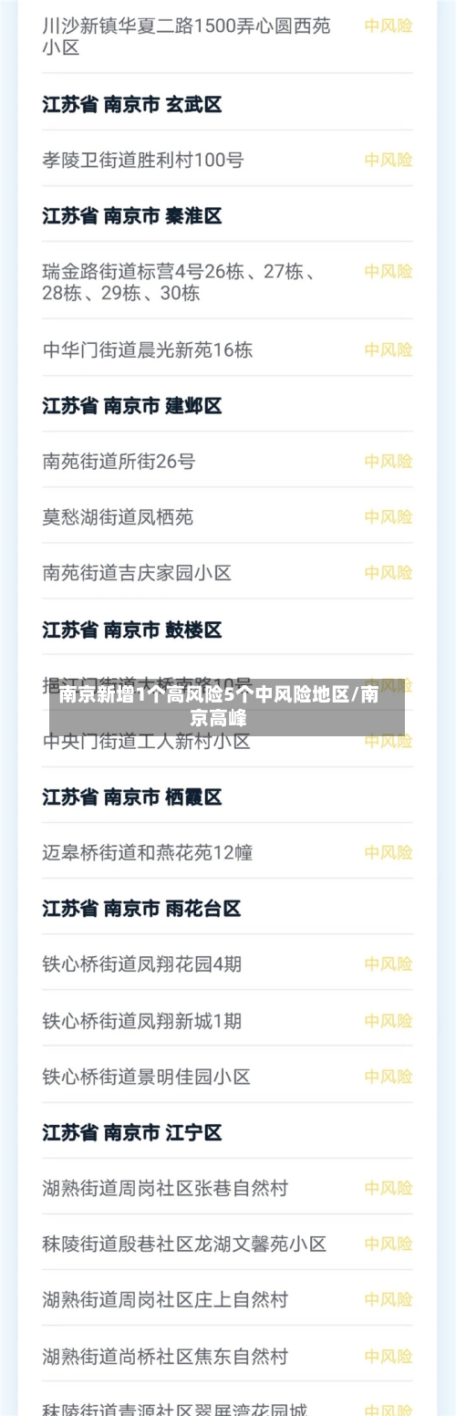 南京新增1个高风险5个中风险地区/南京高峰