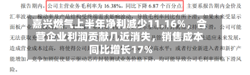 嘉兴燃气上半年净利减少11.16%，合营企业利润贡献几近消失，销售成本同比增长17%