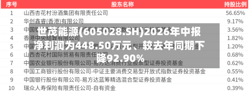 世茂能源(605028.SH)2026年中报净利润为448.50万元、较去年同期下降92.90%