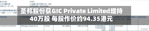 圣邦股份获GIC Private Limited增持40万股 每股作价约94.35港元